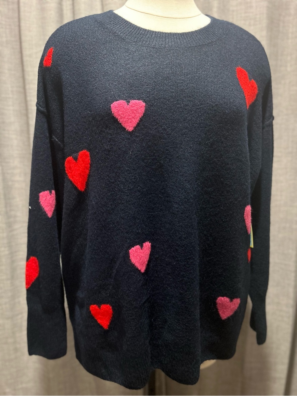 CeCe Navy Crewneck Sweater with Pink & Red Heart Motifs